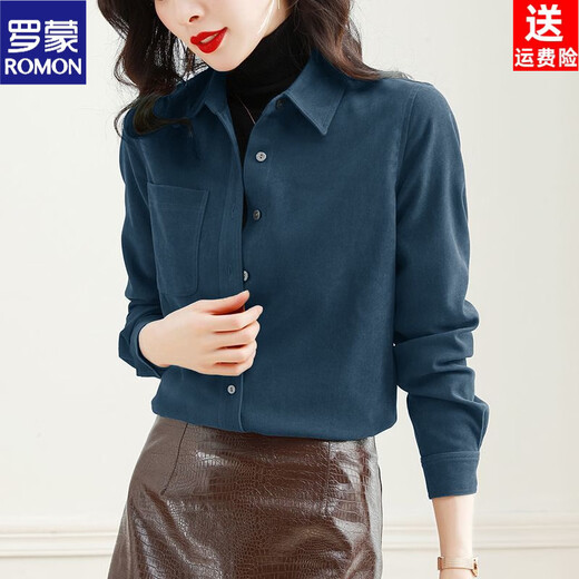 ROMON fashionable velvet brushed shirt for women 2026 autumn and winter new thickened long-sleeved bottoming all-match shirt commuting top black brushed S 80Jin Jin equals 0.5kg to 100Jin Jin equals 0.5kg
