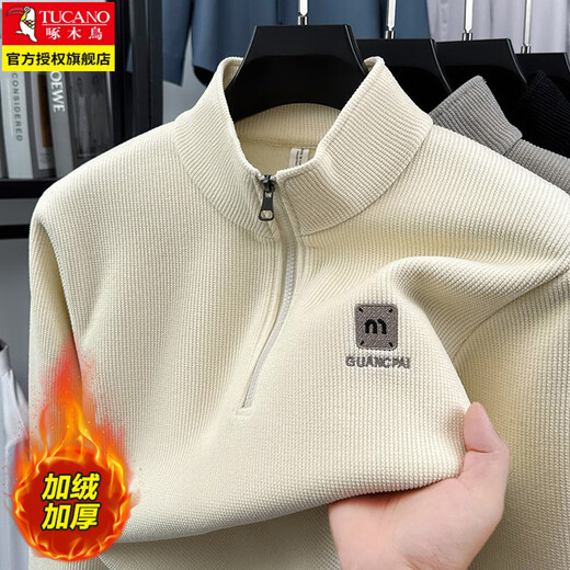 Woodpecker sweatshirt men's velvet thickened 2026 autumn and winter new long-sleeved men's casual T-shirt bottoming shirt 10301/7205 beige L