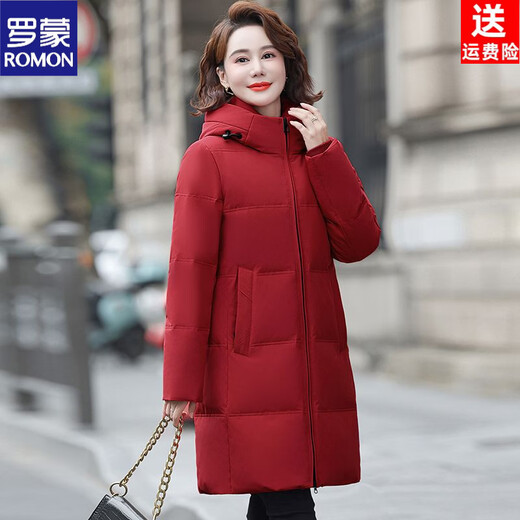 ROMON 2026 New Down Jacket Women's Mid-Length Middle-aged Fashionable Winter Thick Loose Warm Temperament Jacket Hot Style Red 3XL Recommended 120-136 Jin Jin equals 0.5 kg