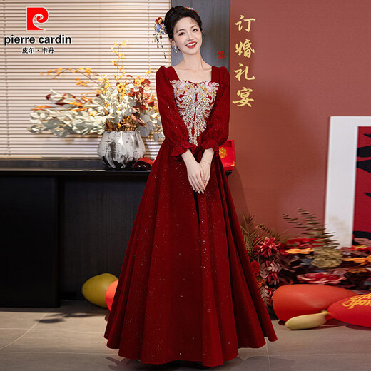 Pierre Cardin Large Size Toast Wear 2026 New Bride Wedding Home Temperament High-end Winter Burgundy Engagement Dress Burgundy 081 M (bust 85, waist 68) (100Jin Jin is equal to 0.5kg 110Jin Jin is equal to 0.5kg