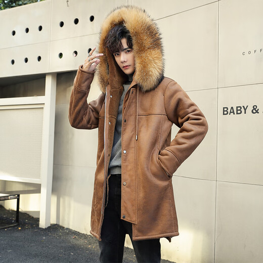CHEVALPES international first-line brand 2025 new style parka men's fur all-in-one mid-length leather jacket wool lining fur outer brown L