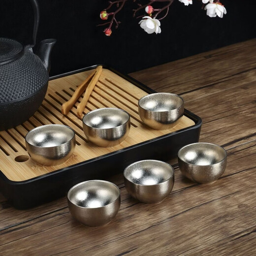 Pupan titanium cup double-layer water cup high-end small tea cup pure titanium master tea cup master cup tea set outdoor travel water cup single rich gold 99.9% pure titanium