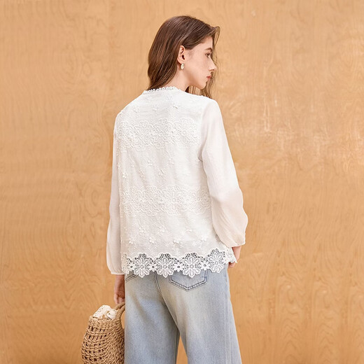 She pool lyocell lace shirt women's 2026 spring new light national style round neck long-sleeved shirt