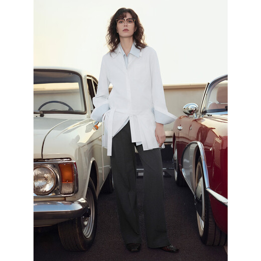 ELLE brushed cotton design pleated shirt women's 2026 spring new loose casual shirt two-piece set light blue M