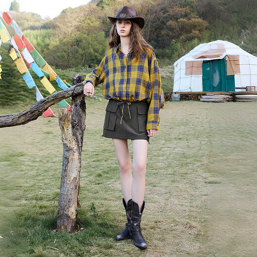 Chuyu Return to Countryside Pure Cotton Shirt Women's 2026 Spring New Loose Retro Plaid Waist Shirt Top Yellow Blue Check S