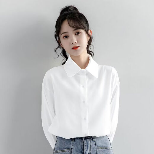 Ainolun white shirt for girls spring new college long-sleeved white shirt for women spring and autumn simple and versatile Korean style student casual white mall version exquisite fabric 160 S