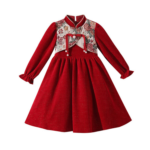 Girls' cheongsam autumn and winter velvet dress children's new Chinese style Tang suit girl red skirt red 150