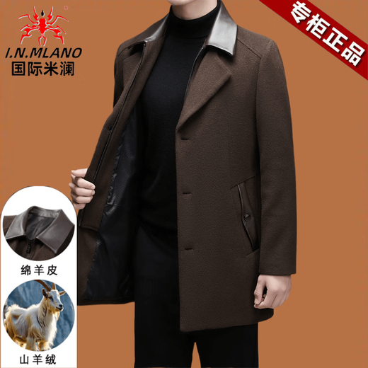 International Milan Cashmere Coat Men's Thickened Warm Sheep Fur Collar Middle-aged Winter New Double-sided Wool Woolen Coat for Men 26157-Black Sheep Wool + Cashmere + Sheep Fur Woolen Coat