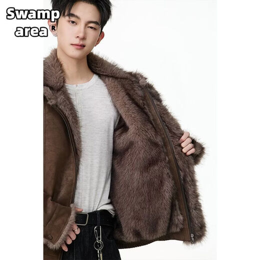 SWAMP AREA right shoulder cut fur all-in-one leather cotton jacket for men winter new retro thickened cotton jacket trendy double layer coffee color 2XL 175-180cm/150-180Jin Jin is equal to 0.5 kg