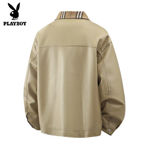 花花公子（PLAYBOY）翻领皮衣夹克外套男士春秋青年潮牌港风休闲皮衣格子撞色痞帅上衣 黑色 XL
