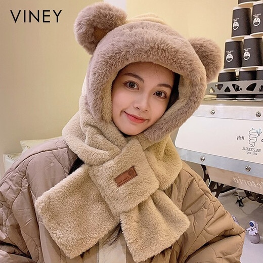 Viney scarf for women winter 2025 new plush cute bear hat one-piece gloves hooded neck scarf to keep warm camel Camel birthday gift for girlfriend wife Valentine's Day girlfriend 3.8 Goddess Day women one size