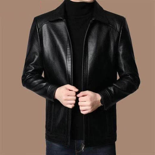 SEMALAM Youshenlin Factory Store Soft Leather Men's Leather Jacket Thin Leather Jacket Plus Velvet Leather Jacket Middle-aged and Elderly Casual Leather Jacket Black (Flat Leather Jacket) Thin M 170_88A_95115Jin Jin is equal to 0.5 kg