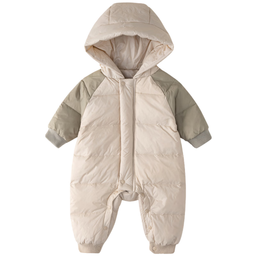 Disney (Disney) baby winter jumpsuit, baby thickened down jacket, outdoor clothing, rompers, children's white duck down warm hooded jacket, gray green, color-blocked down jacket one-piece 36cm 80