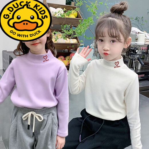 G.duck Little Yellow Duck Girls' Bottoming Shirt for Autumn and Winter for Big Girls with Half Turtle Collar and Western Style German Velvet Warm Top T-shirt Pink + White 100 (Recommended Height 85-95cm)