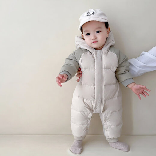 Disney (Disney) baby winter jumpsuit, baby thickened down jacket, outdoor clothing, rompers, children's white duck down warm hooded jacket, gray green, color-blocked down jacket one-piece 36cm 80
