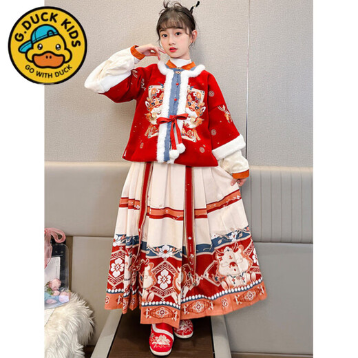G.duck Parent-Child Clothing Han Dynasty Autumn and Winter Clothing Girls and Older Children Wool Lined New Year Clothes 2026 New Ethnic Style Suit Tops and Skirts 100 cm
