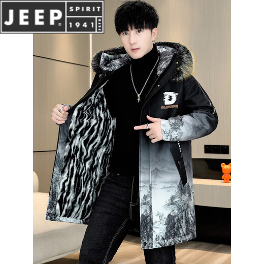 JEEP SPIRIT冬季派克服男士冲锋衣加绒加厚夹克男冬装棉服中长款风衣保暖外套 黑色【加 绒加 厚】 4XL 【180-200斤】