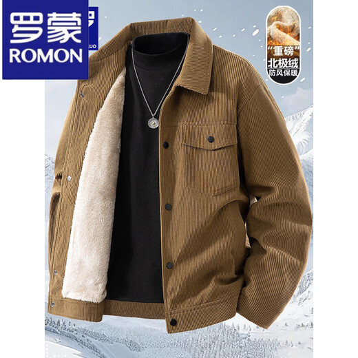 ROMON 2025 new corduroy jacket men's velvet thickened casual top autumn and winter warm lamb velvet jacket brown plus velvet 2XL