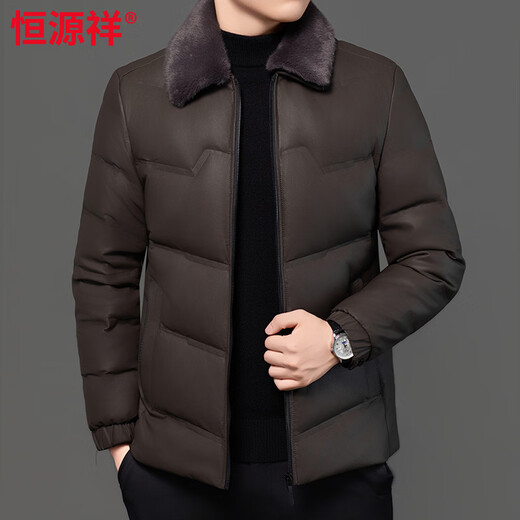 Hengyuanxiang Men's New Autumn and Winter Thick Casual Down Jacket 90 White Duck Down Middle-aged Warm Fur Collar Jacket Brown M 170