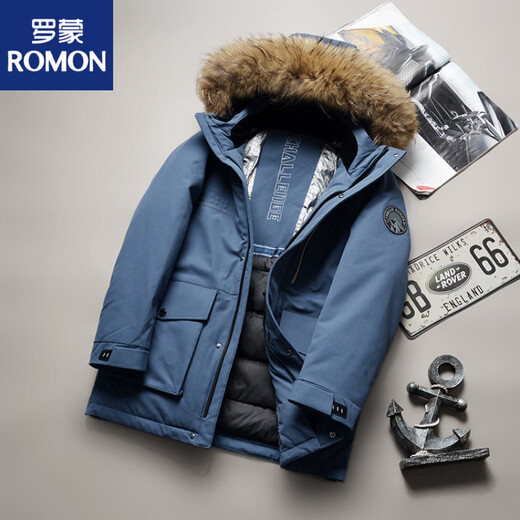 ROMON 90 white goose down raccoon dog large fur collar outdoor windproof fabric winter men's down jacket thickened warm jacket handsome blue M 170 126-140Jin Jin equals 0.5 kg