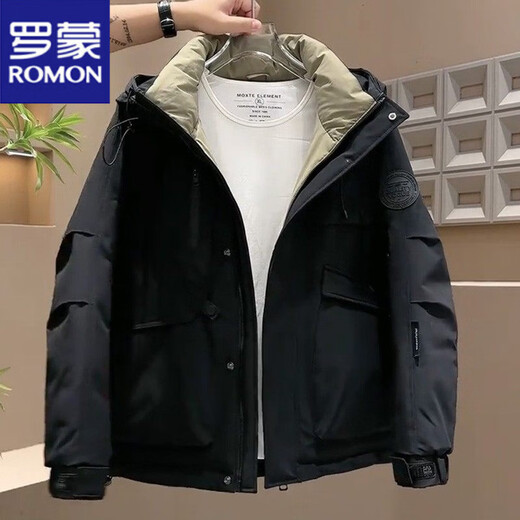 Luo Meng Workwear Short Down Jacket Men's 2025 Simple Casual Thickened Loose Warm Hooded Work Clothes Jacket Black Luo Meng Genuine L 125-138Jin Jin equals 0.5 kg