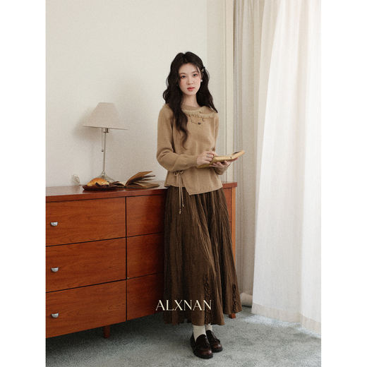 Lu Xiangnan design khaki irregular sweater women's autumn and winter waist knitted sweater top khaki sweater L