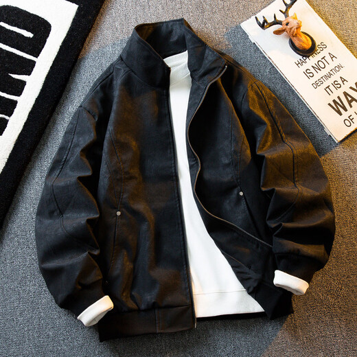 Playboy Retro Distressed Stand Collar Motorcycle Leather Jacket Men's American Cleanfit Short Suede Leather Jacket Brown M (100-125Jin Jin is equal to 0.5kg)