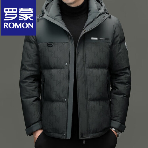 ROMON high-end down jacket men's 2025 winter hooded cold-proof white duck down jacket short warm fashion thickened jacket black S 165