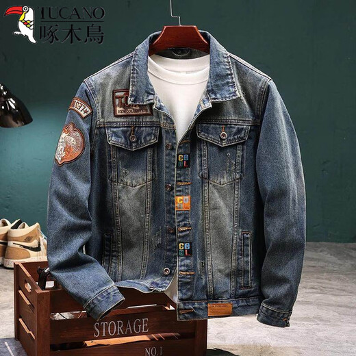 Дятел (TUCANO) Американская джинсовая куртка с маркировкой в ​​стиле ретро, ​​мужская корейская тонкая модная марка европейского и американского уличного ночного клуба, велосипедная мотоциклетная куртка, черная джинсовая куртка с двойным карманом XL