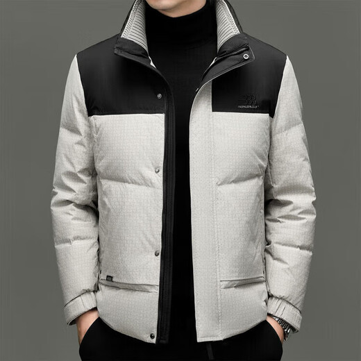 利郎（LILANZ）冬季新款白鸭绒羽绒服男时尚拼接休闲立领短款加厚保暖外套 米白色 M