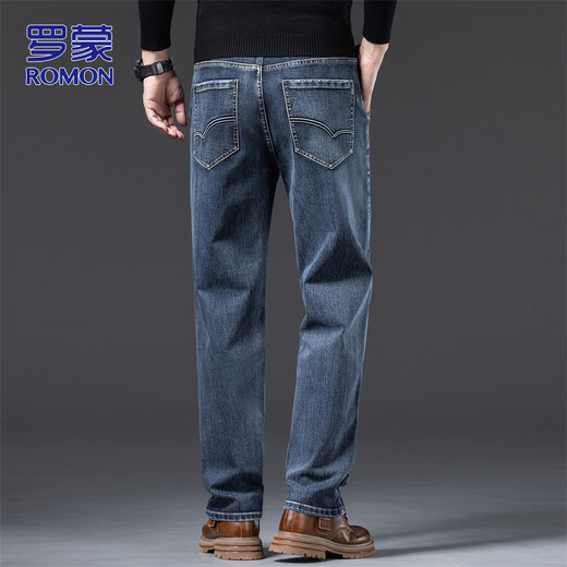 ROMON high-end jeans men's autumn and winter trendy straight pants men's loose casual men's trousers elegant gray blue 32