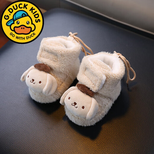 G.duck little yellow duck toddler shoes autumn and winter 0-1 year old baby cotton shoes plus velvet thickening anti-slip anti-fall snow boots for boys and girls khaki pudding dog Velcro autumn and winter plus velvet 3-8 months inner length 12cm (recommended 5-9 months)