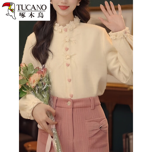 Woodpecker Fashionable and Sweet Korean Single-breasted Shirt Women's 2025 Winter New Niche Western Fashion Versatile Commuting Top Beige M (Recommended Jin Jin equal to 0.5 kg or less)
