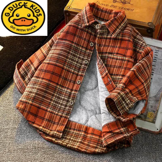 G.duck autumn and winter boys' cotton shirt plus velvet all-in-one winter cotton thickened warm shirt brushed plaid orange plaid plus cotton size 110 recommended height cm
