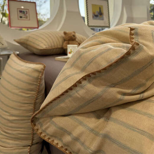 Yusenyi double-layer yarn elegant brown striped four-piece set 15m18m soft loose YAG double-layer yarn British gentleman bed sheet set bed sheet style 2.0m bed four-piece set/applicable 220x240cm