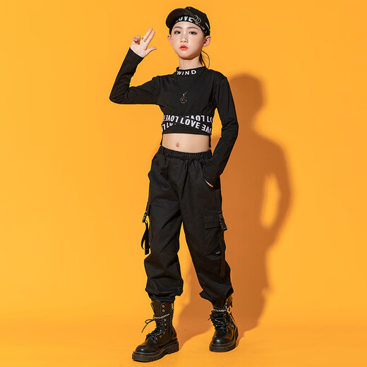 Tan Beiman Girl Dark Jazz Tanz Trendy Cool Performance Model Academy Body Training Girl Fashion Show Set 682 Black Long Sleeve + 2088 Schwarze Hose 140 cm