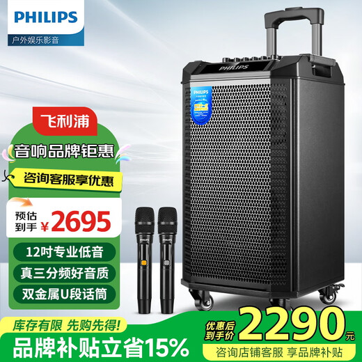 Philips Square Dance Audio outdoor stage high-power mobile portable trolley commercial conference speaker wireless Bluetooth high volume karaoke amplification with dual microphone SD180T 12-inch bass + dual microphone