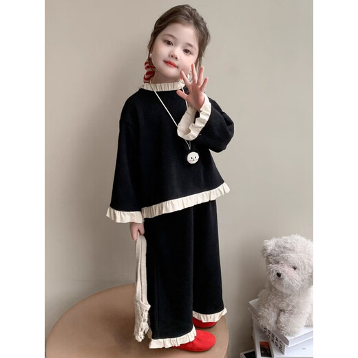 Wooden house girls spring and autumn fashionable sweatshirt set 2026 new baby autumn Korean style fashionable wide-leg pants two-piece set pink 140