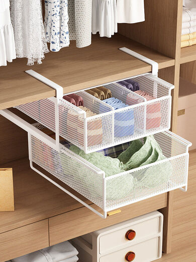 Wardrobe pull-out partition, cabinet, hanging underwear and socks storage box, hanging basket, drawer-type wardrobe pull-out basket, layered artifact, white-short style