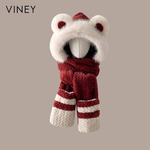 Viney hat scarf gloves all-in-one women's 2025 new winter bear plush thickened warm ear protection cycling hat Ancora red one size