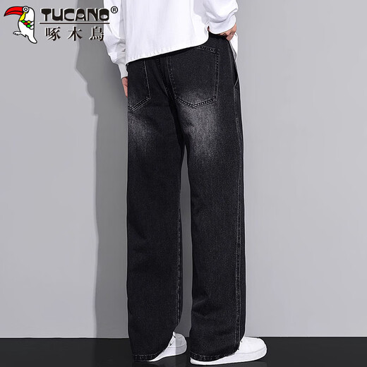 Woodpecker (TUCANO) jeans men's spring and summer loose casual scimitar pants men's trendy straight wide-leg trousers black M