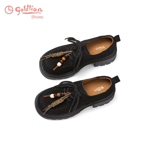 Goldlion Women's Shoes 2025 Autumn and Winter Thick Soled Loafers Retro Round Toe Lace Up Deep Mouth Small Leather Shoes G665540286 Black 37