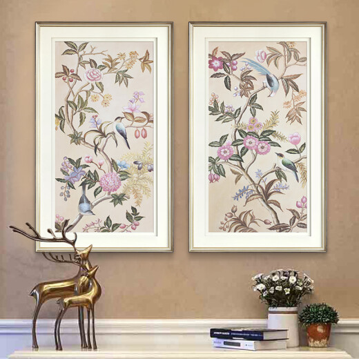 American country style flower and bird decorative painting entrance hall vertical mural simple and beautiful French neoclassical restaurant side cabinet hanging painting champagne gold solid wood frame 1 picture price 50*80