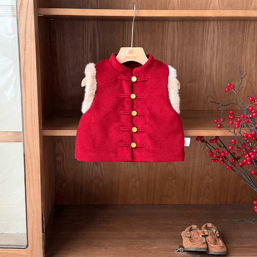 Baby New Year's greeting suit for boys, autumn and winter baby suit, Chinese style boy's red vest, winter warm New Year's greeting suit, 2546 dark red vest quilted 73 cm