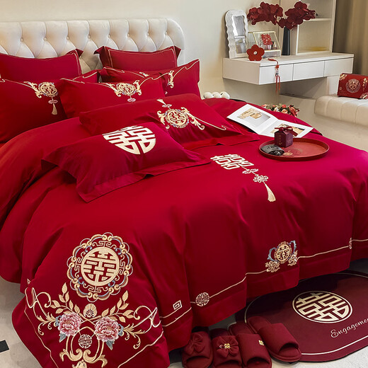 LangSha (LangSha) wedding four-piece bedding set, wedding bright red quilt, Chinese embroidery quilt cover, wedding room bed sheet, quilted bed sheet, wedding - big red - 1.5m bed sheet, four-piece set