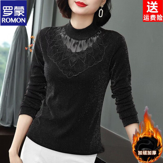 ROMON (ROMON) velvet bottoming shirt for women, spring, autumn and winter new style, half turtleneck mesh shirt, lace mother top, black, velvet style, L recommendation: 98-110Jin Jin is equal to 0.5 kg