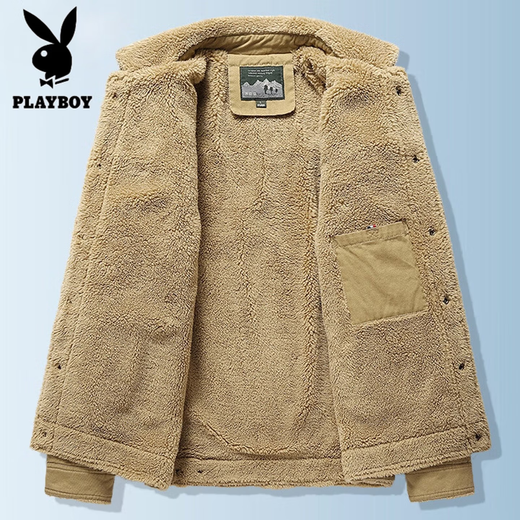 Playboy (PLAYBOY) American Jacket Men's Autumn and Winter New Lamb Velvet Work Jacket Plus Velvet Thickened Casual Lapel Cotton Jacket Khaki XL Recommended Weight 130-145Jin Jin is equal to 0.5 kg