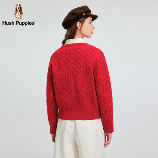 Hush Puppies Delicate and Warm Women's 2025 Autumn and Winter New Versatile Basic Wool Cable Cardigan Sweater Retro Red M