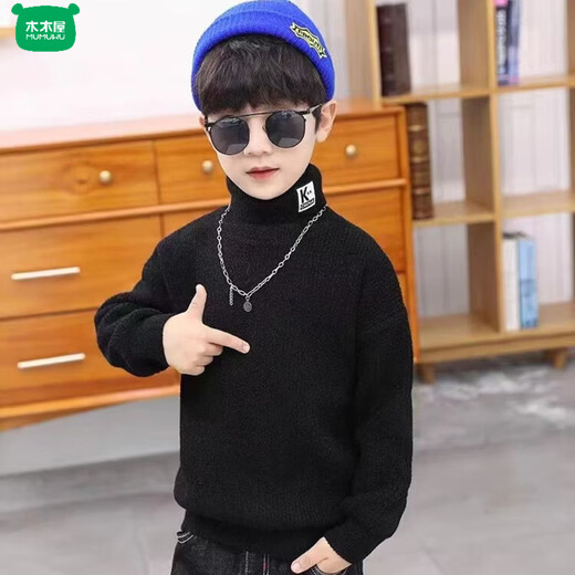 Wooden house children's clothing children's sweater all-in-one velvet turtleneck boys' sweater plus velvet thickened winter new medium and large children's bottoming shirt trendy black 100 recommended height 90-100