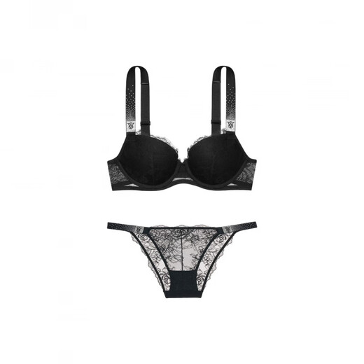 Victoria's Secret Letter V-shaped Fixed Double Strap Bra Low-Waist Triangle Underwear Set Women's Set (Black) S 32D+(70D+S)
